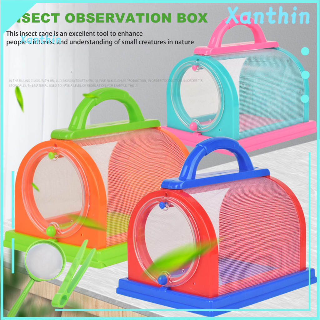 Kids Observation Tool 1 Set Critter Viewer Box with Tweezers Magnifying Glass Portable Handle Mesh Outdoor Nature Explor