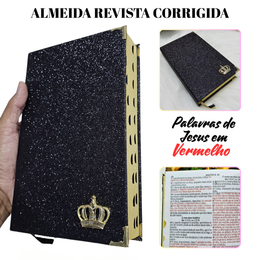 Bíblia Sagrada Feminina Glitter Preta Brilho Palavras de Jesus em Vermelho Harpa e Índice Luxo