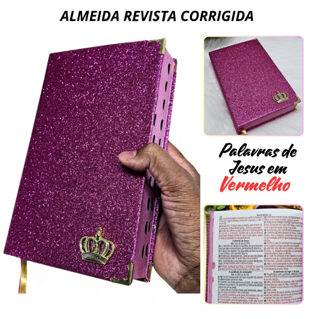 Biblia Feminina Gliter Rosa Palavras de Jesus em Vermelho Índice Folha Ecológica e Harpa Cristã