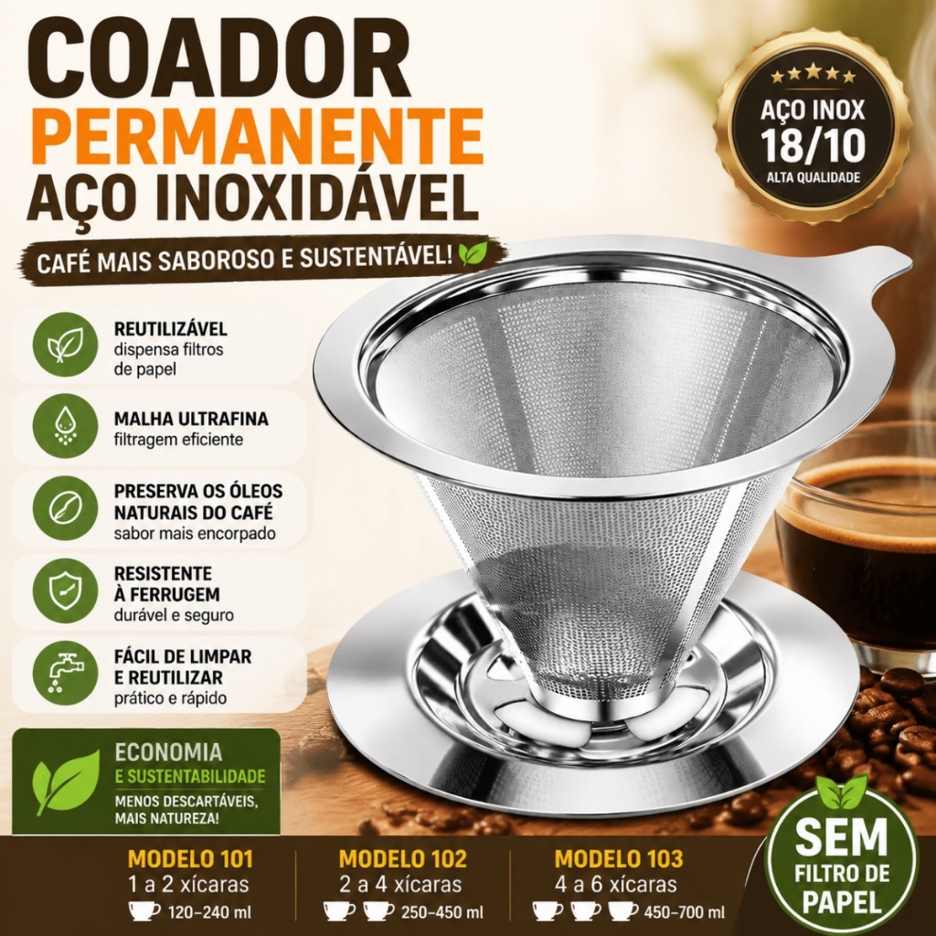 Filtro Permanente para Café Aço Inox 18/10 Reutilizável Malha Fina