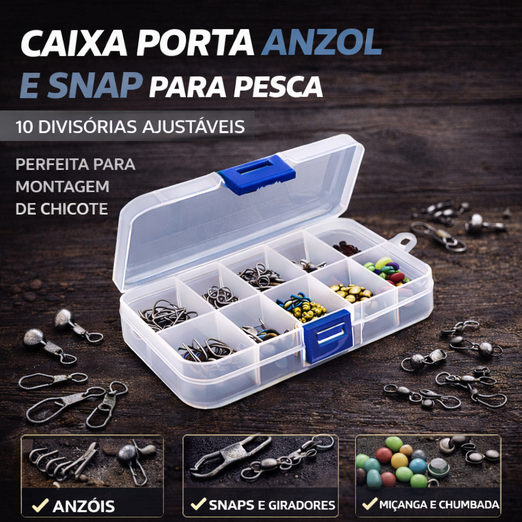 Caixa Box Anzol Snap Boia Pesca 10 Divisórias | Estojo Pequeno Girador Miçanga Chumbada | Resistente