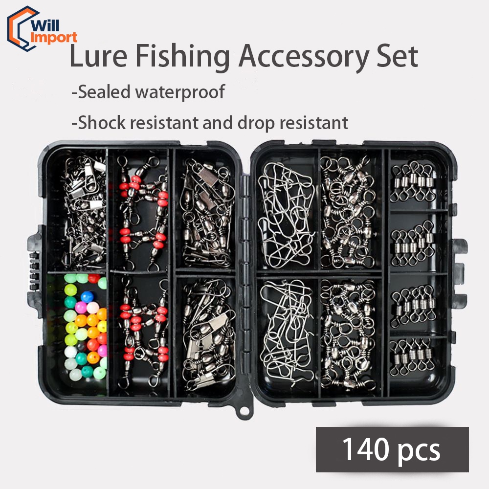 ​​Kit Acessórios Pesca Lura 140 Peças - Caixa Preta Portátil (Giro 3 Vias, Snap, Contas)