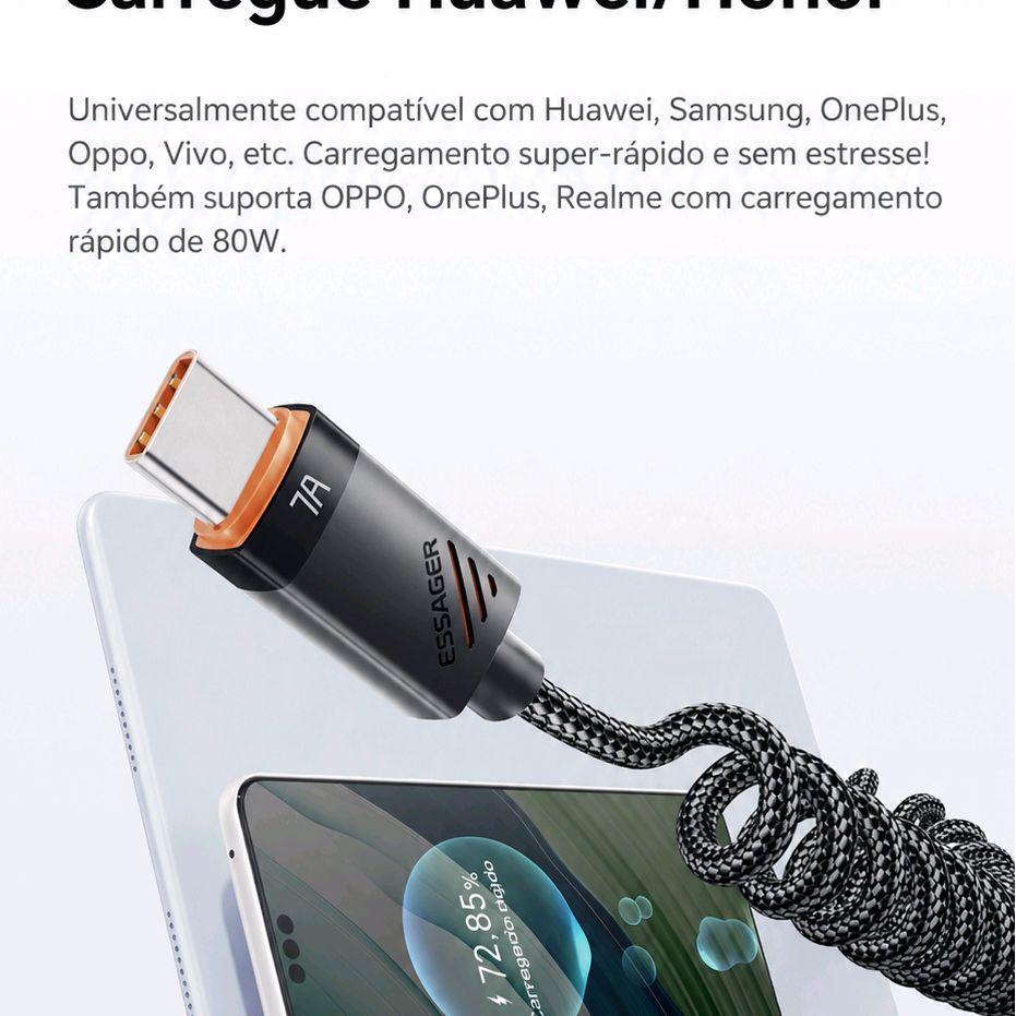 Cabo USB-C Turbo Essager 7A — 100W/88W Carregamento Ultra Rápido para Huawei, Honor, Samsung e Mais