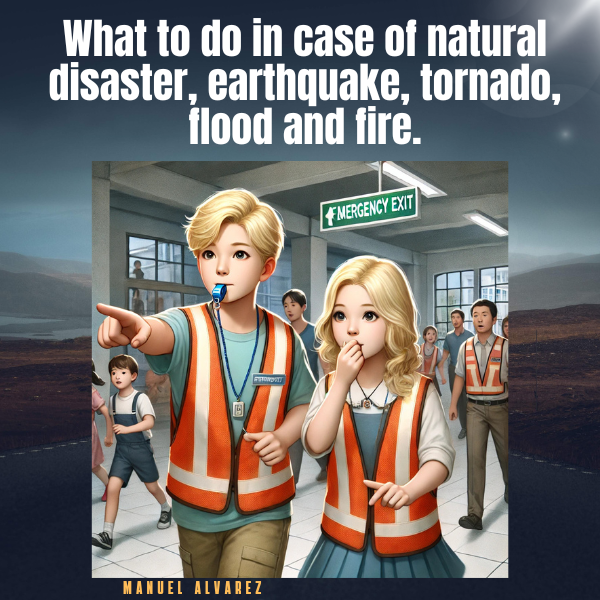 What to do in case of natural disaster, earthquake, tornado, flood and fire.