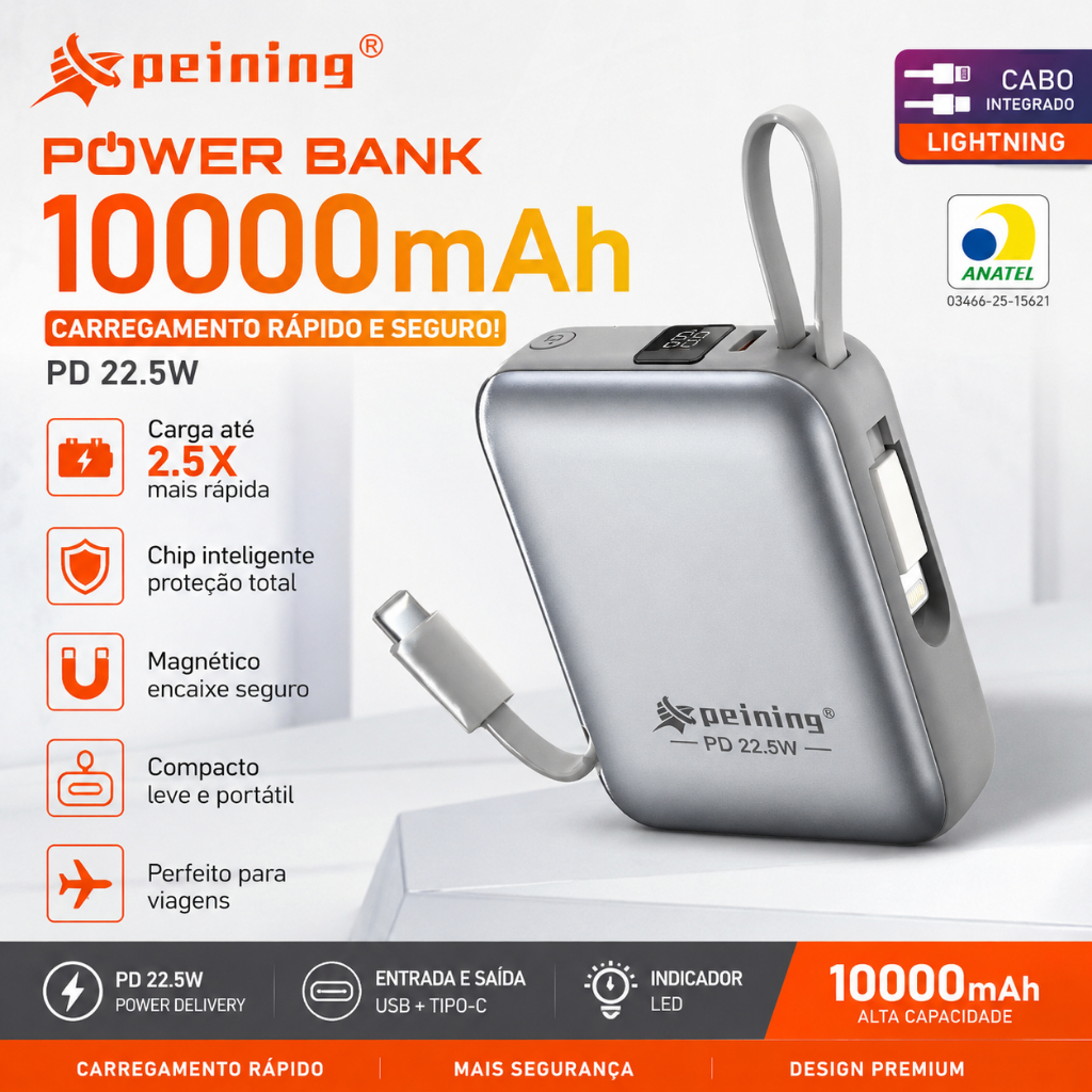 Mini Power Bank 10000mAh Ultra Fino com Cabo Lightning Carregamento Rápido para Viagem