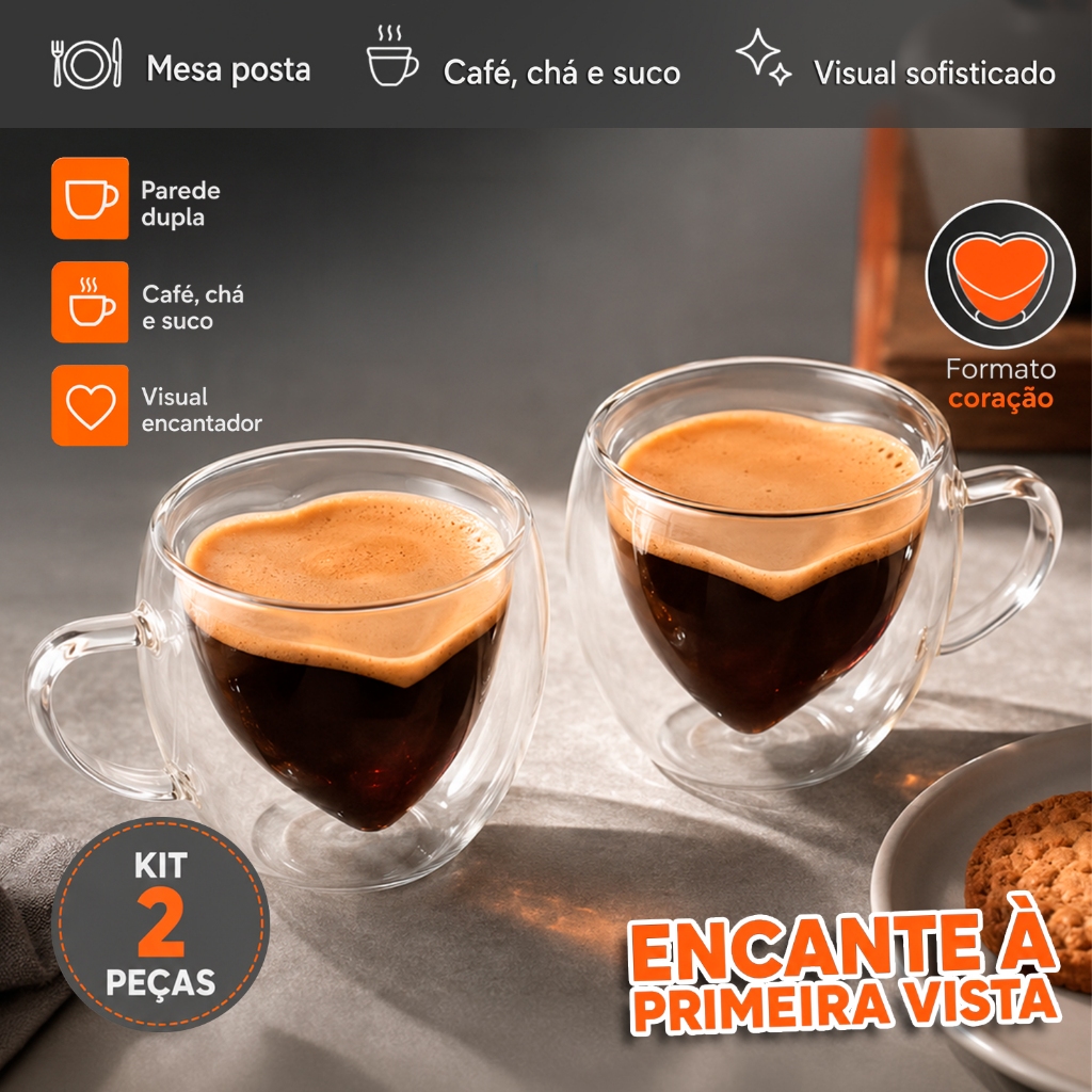 Kit Xicara Coração Parede Dupla de Vidro 180 ml para Café Chá Suco Xicara Dupla