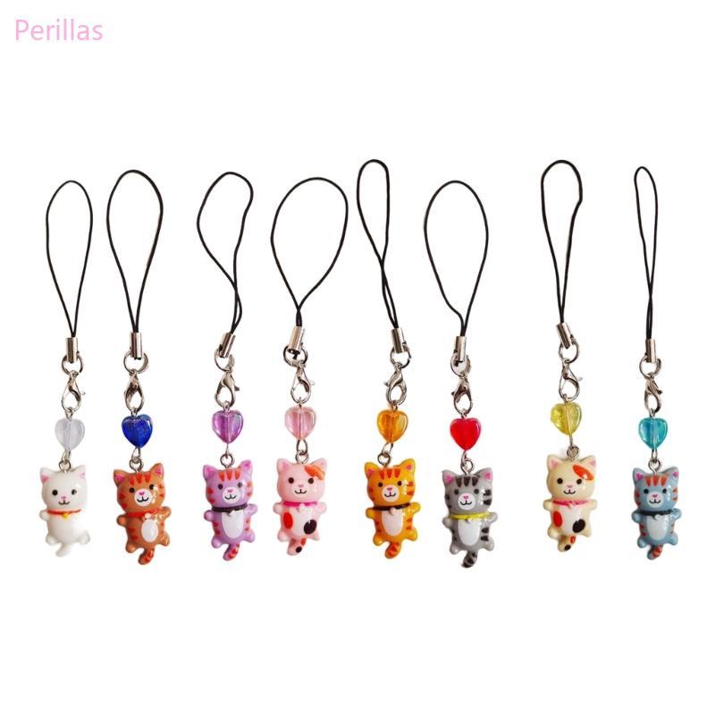 Perillas Cute Kittens Phone Charm Resina Gato Pingente Chaveiro Antilost Chain Strap