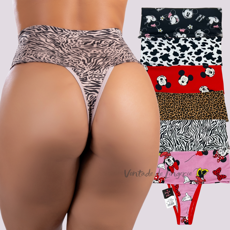 Kit 5 Calcinhas Cinta Conforto Estampada Cós Duplo Fio Dental