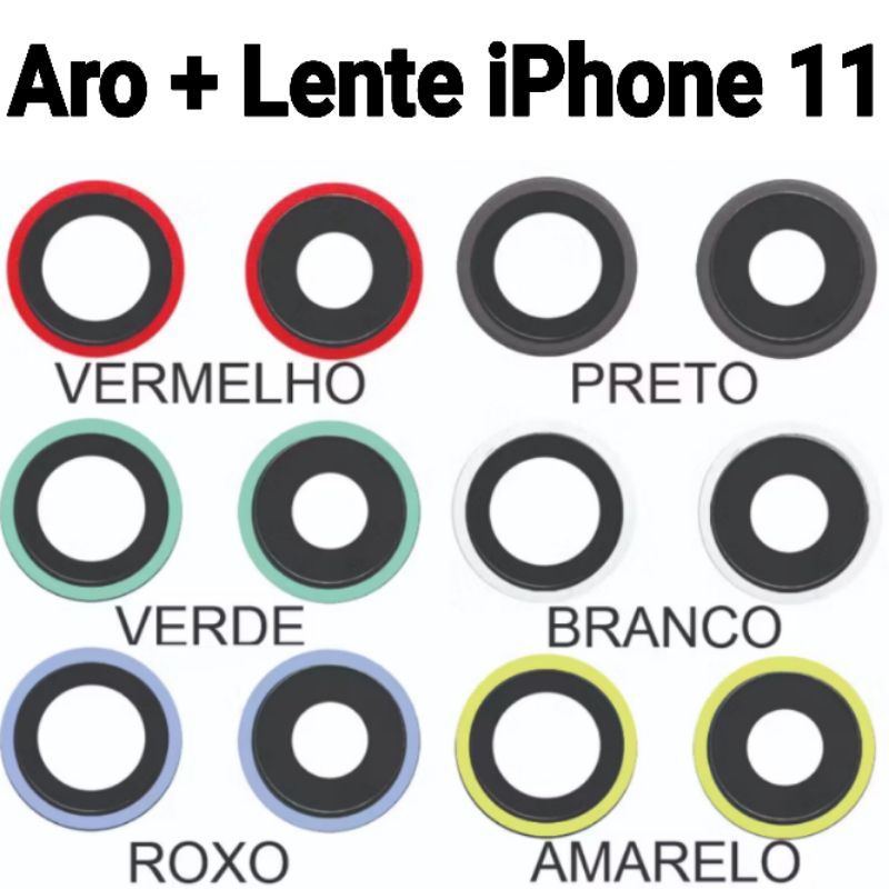 Kit Par Aro + Lente Para iPhone 11 Com Aro Suporte para Lente da Câmera de Vidro Traseiro Vidrinho