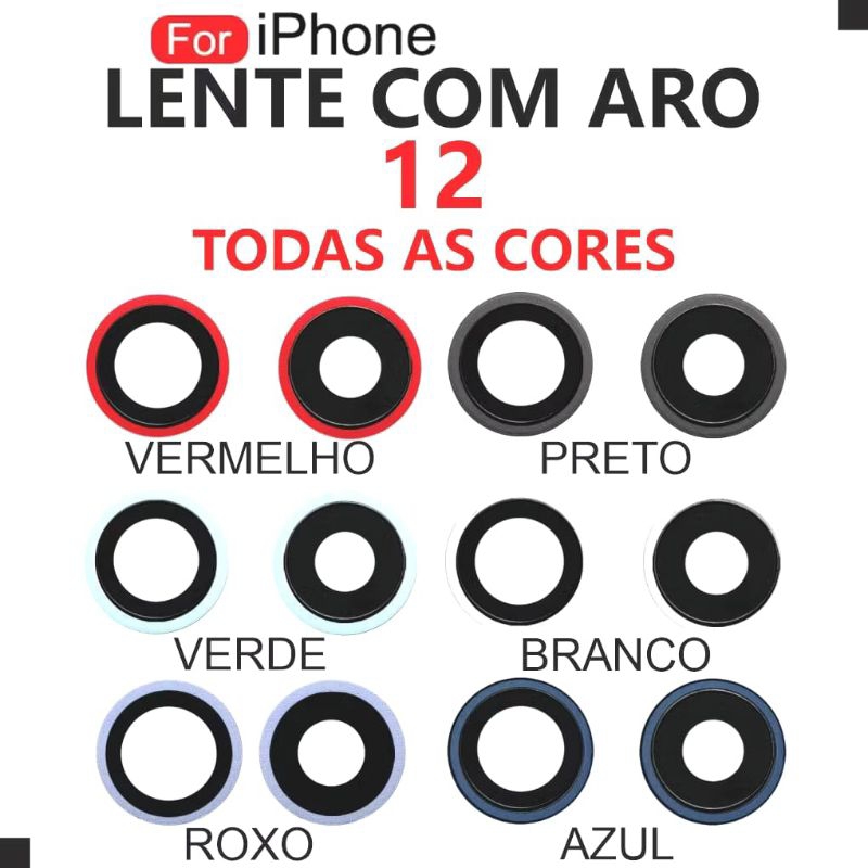 Kit 2 Par Aro + Lente Para iPhone 12 /12 mini Com Aro Suporte para Lente da Câmera de Vidro Traseiro Vidrinho