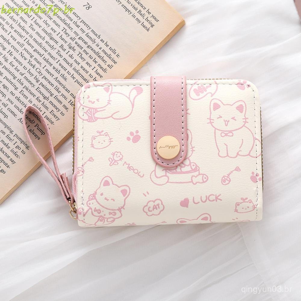 Carteira BNARDO Cute Cat Girls , Bolsa De Dinheiro Curta Portátil De Pu Para Estudantes , Carteiras Com Zíper Vários Slo