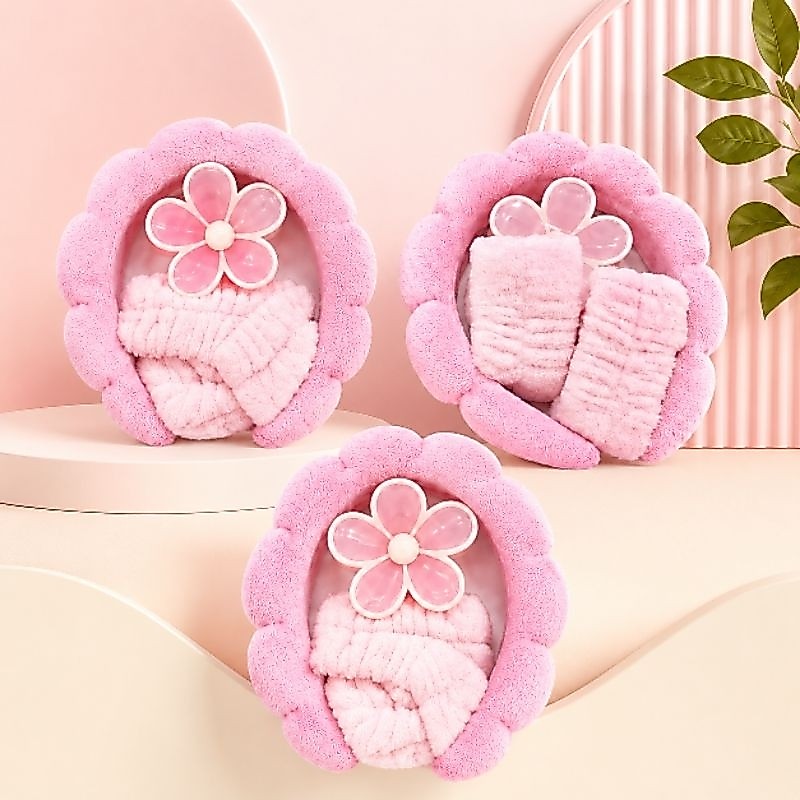 Kit 4 Peças Acessórios Skincare Spa Feminino Tiara Nuvem Faixa Pulso Presilha Flor