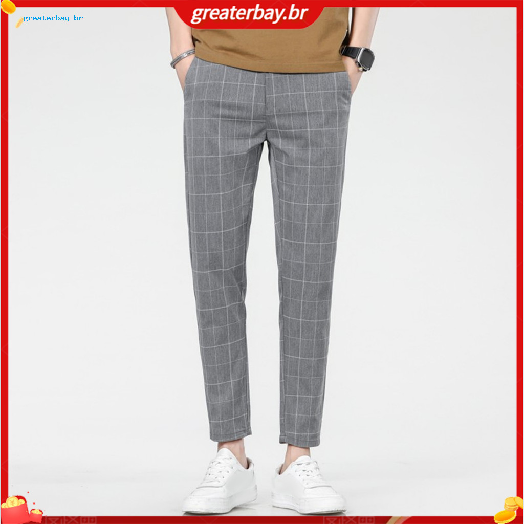 Men's Slim Fit Plaid Pants with Side Pockets – Stretchy Thin Straight Leg Casual Formal Business Trousers Button Zippe