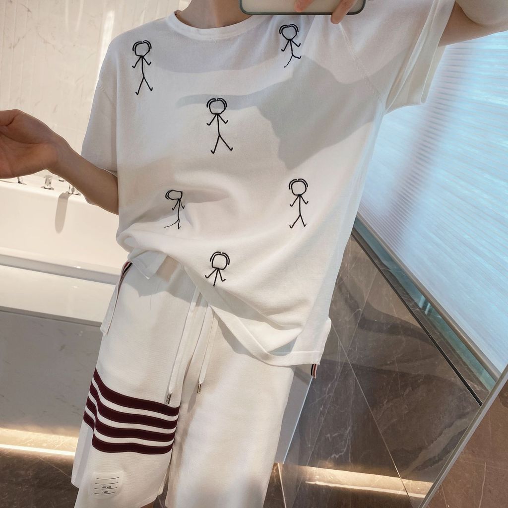 4LXX Full-body matchstick figure ice silk knit short-sleeved shirt T Men's and women's summer thin casual loose-fitting