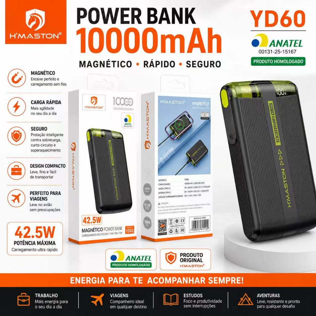 Carregador Bateria Portátil Power Bank Turbo Indução Magnético 15W PD 42.5W