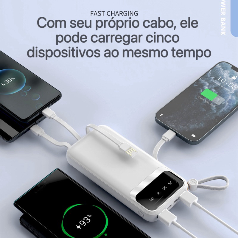 CARREGADOR Preto PORTÁTIL POWERBANK 10000 MAH Com Alça de 4 Cabos e 4 Portas (MICRO-USB, TIPO-C, LIGHTNING, USB)