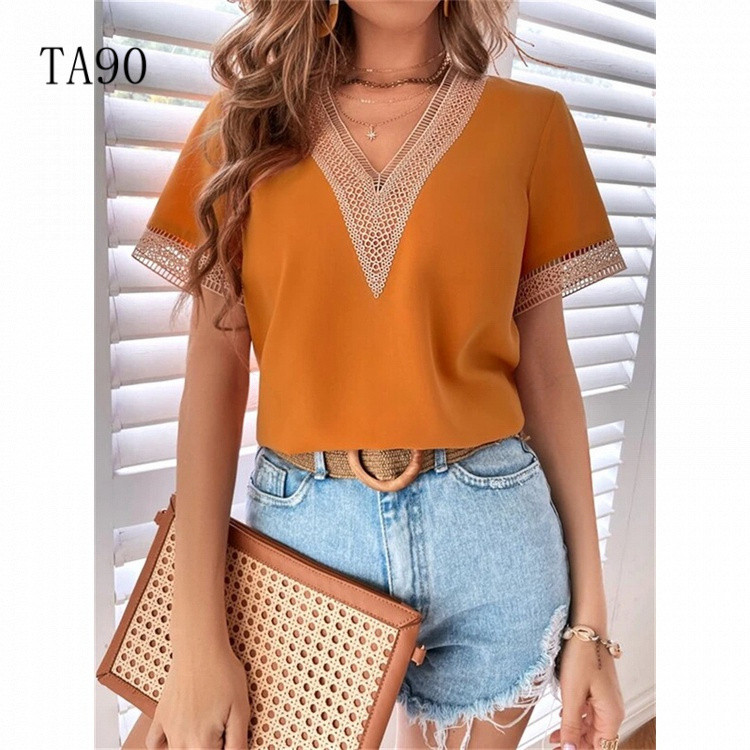 Camisas Femininas de Verão 2026, Cor Sólida, Design Vazado em Renda, Decote em V, Manga Curta, Blusas Casuais Soltas TC6