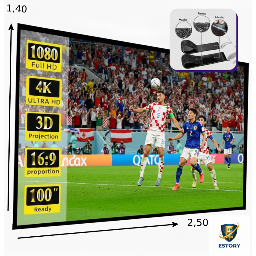 Tela Telão Projetor Projeção 4k Full HD 150 Polegadas Com Velcro Marca Estory Telas  Cor Branca Copa