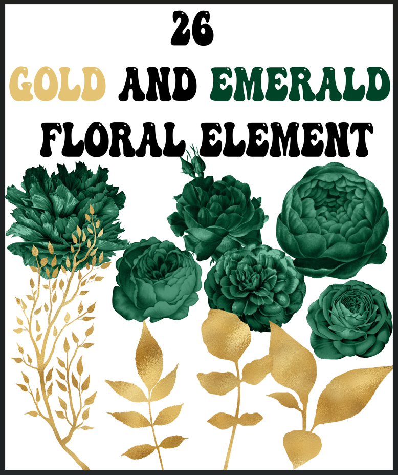 26 Gold and Emeralde floral element High PNG resolution