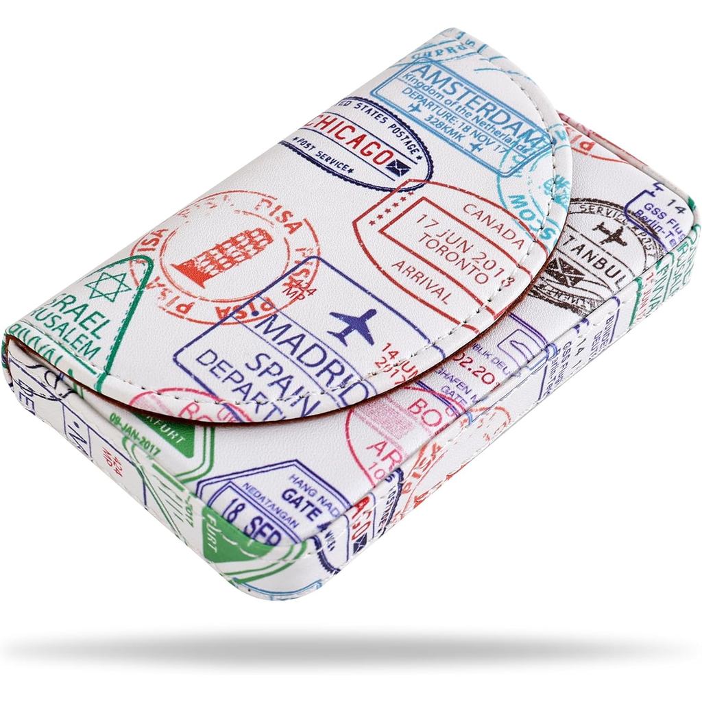 emmoolife PU Leather Business Card Holder - Postal Travel Designs Themed Magnetic Credit Card Case with Color Printing P