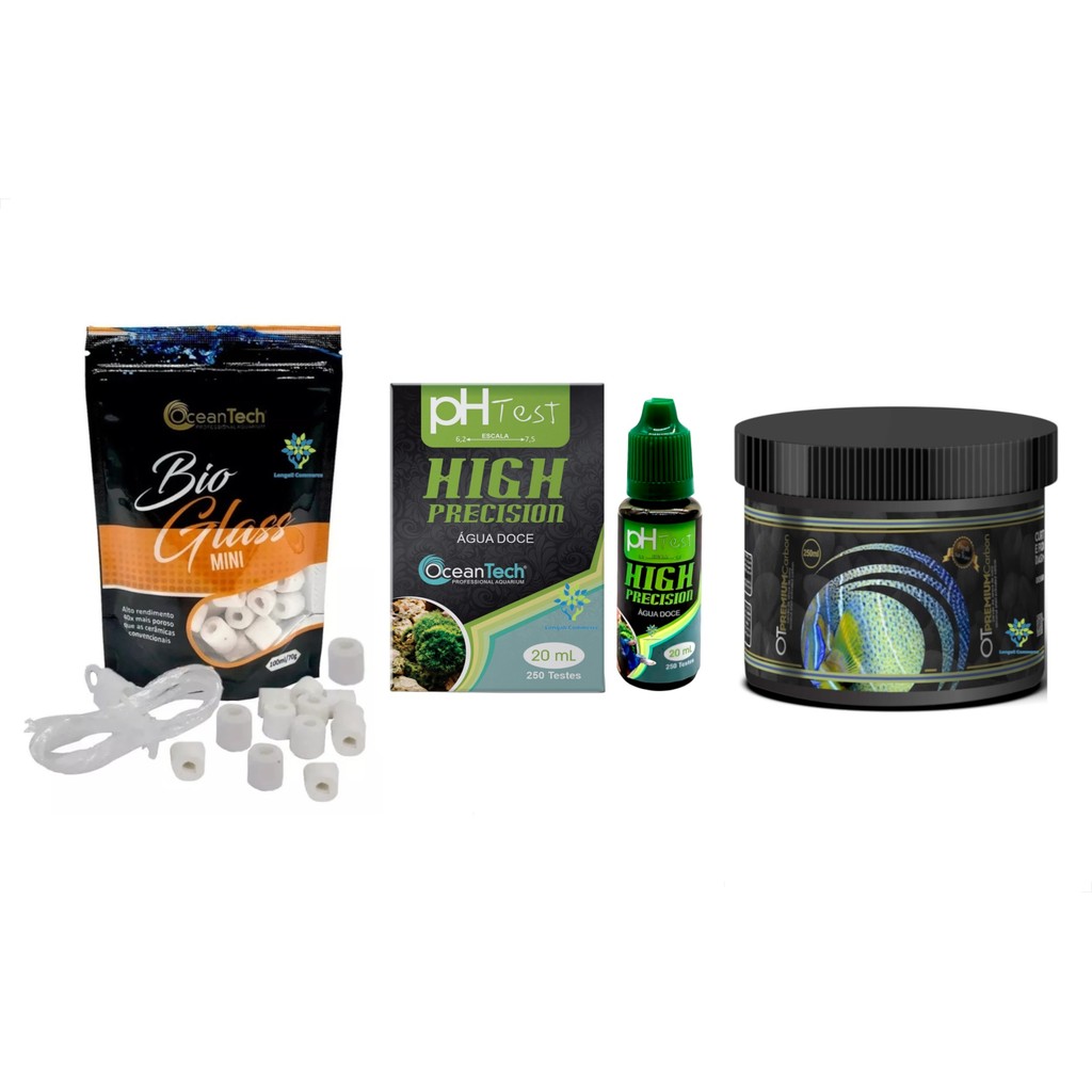 Kit 100ml Bio Glass Mini + Teste PH High Precision 20ml + 250ml Carvão Premium Carbon Ocean Tech