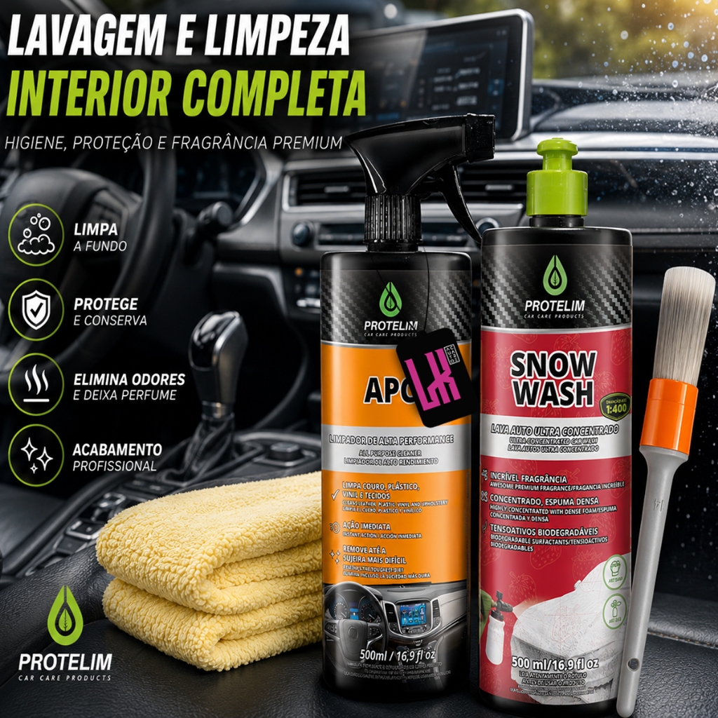 Kit Lavagem Protelim Carro Snow Wash Shampoo Automotivo Neutro Apc Limpador Multiuso Limpa Interna