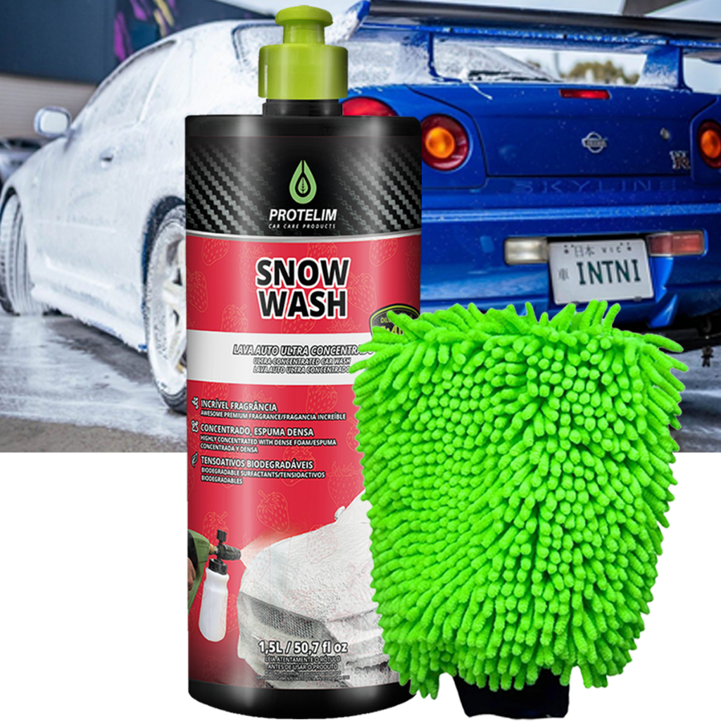 Kit Lavagem Snow Wash 1,5l Protelim Shampoo Neutro Concentrado Espuma Densa Luva de Microfibra