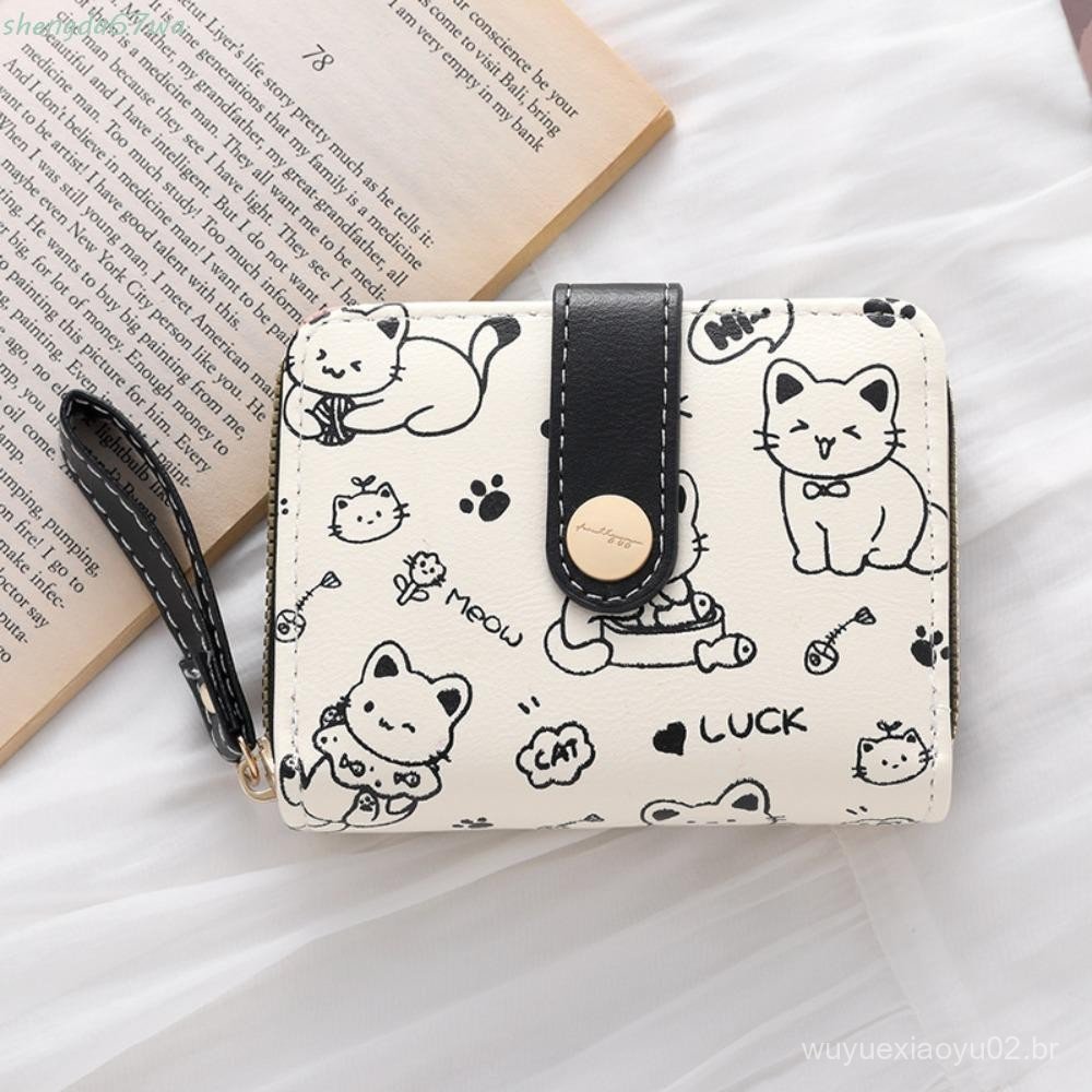 Carteira SHENGDA Cute Cat Girls , Bolsa De Dinheiro Curta Portátil De Pu Para Estudantes , Carteiras Com Zíper Em Cores