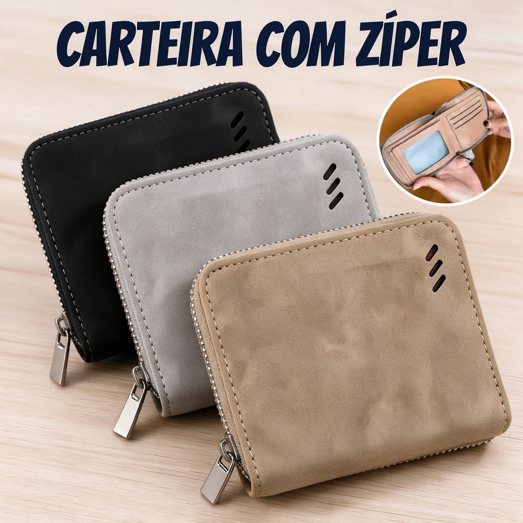 Carteira Curta com Zíper, Portátil, Durável, Fashion e Universal, com Compartimento para Moedas e Documentos
