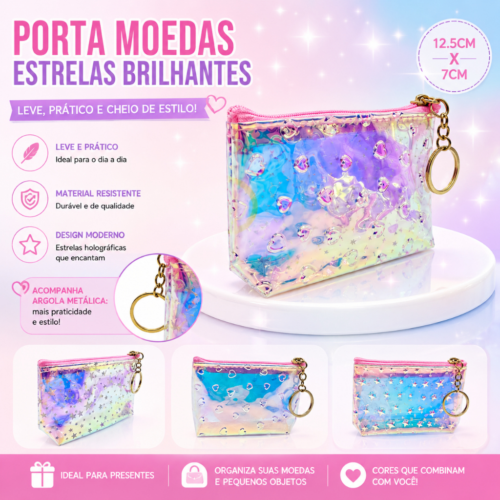 Porta Moeda Holográfico com Zíper – Mini Bolsa com Brilhos e Argola – Estilo Fofo e Colorido