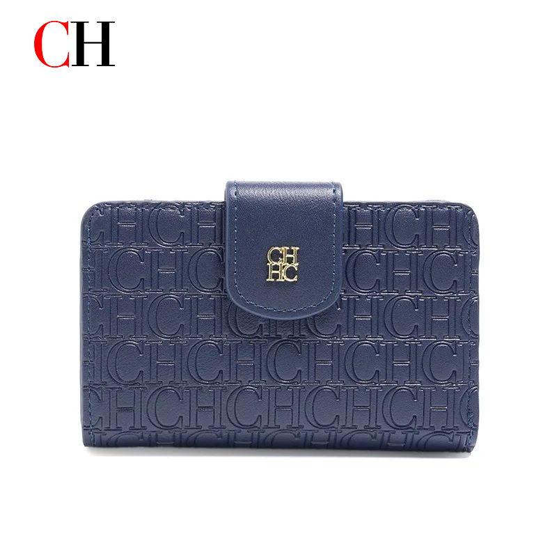 CH Requintado Simples Moda Feminina Carteira Curta Azul Puro Marca De Luxo Carta Estilo Impresso
