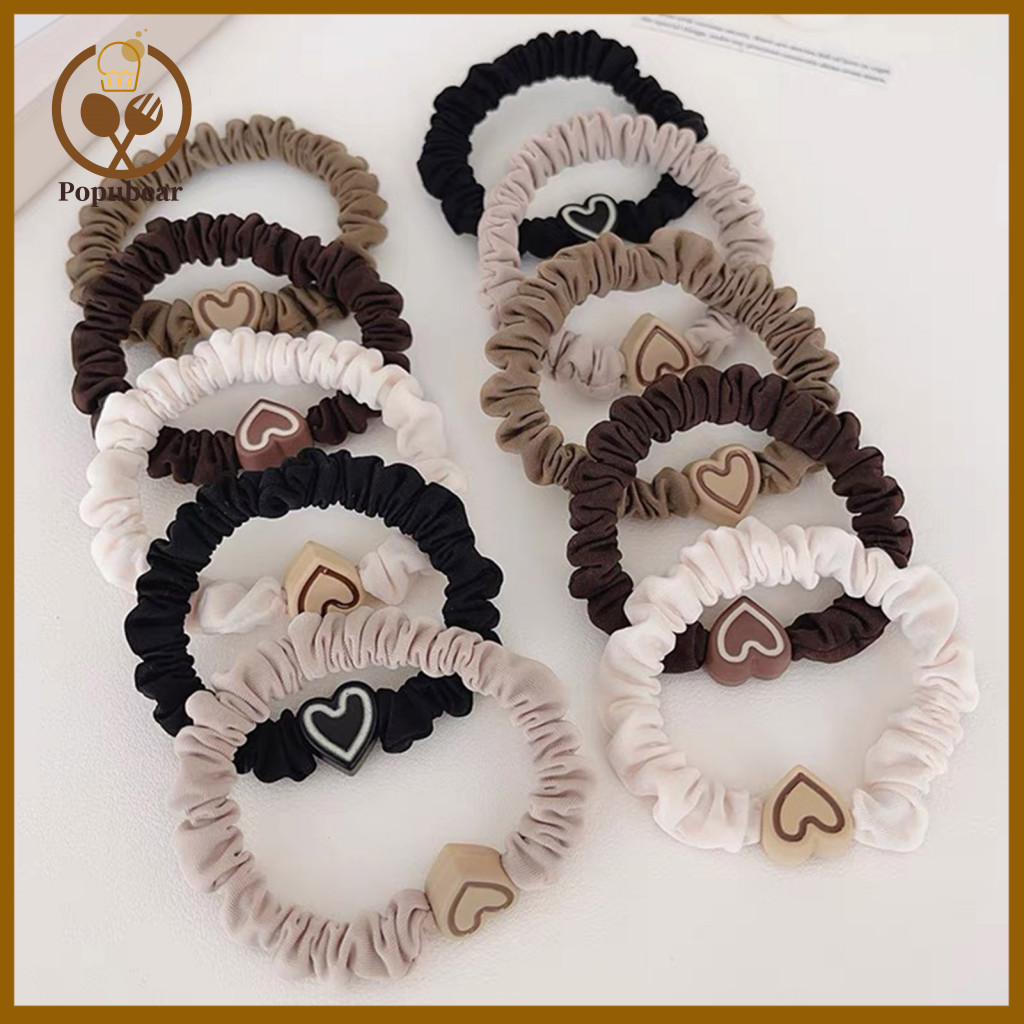 Sweet Chocolate Design Hair Tie 5pcs Heart Decor Ties High Elasticity Pleated Fabric Ponytail Holders Lightweight Ropes