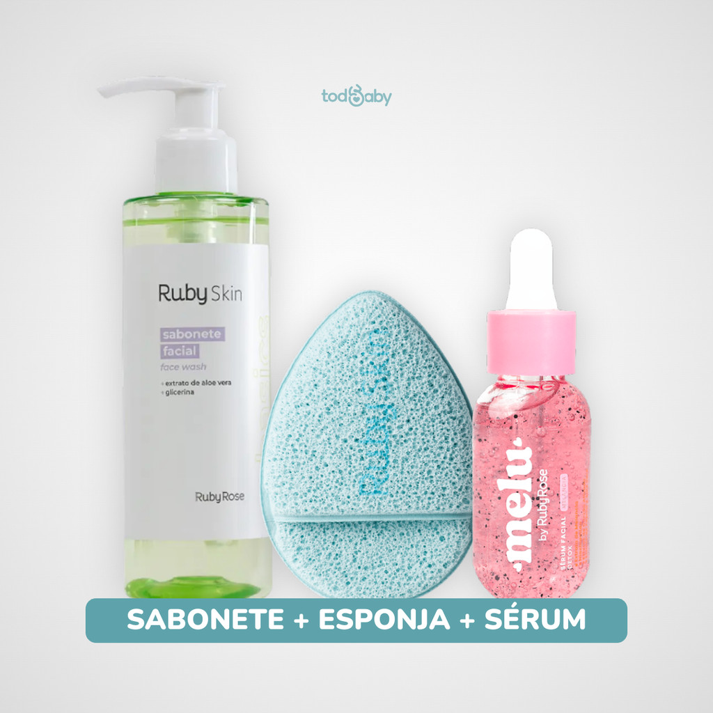 Kit Skincare Sabonete Ruby Rose® + Esponja Clean Girl + Sérum Facial