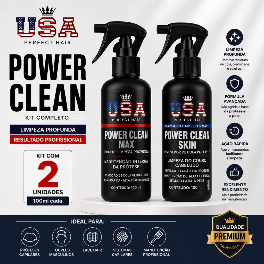 KIT 1 POWER CLEAN MAX 1 POWER CLEAN SKIN USA PERFECT HAIR – LIMPEZA PROFUNDA PARA PRÓTESE CAPILAR