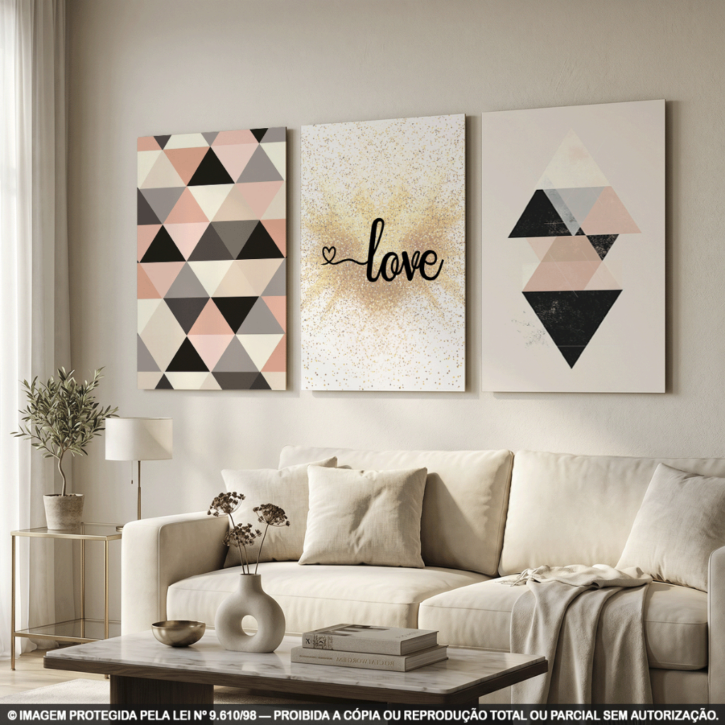Kit 3 Quadros Decorativos Geométricos Rose Gold Love – Arte Moderna para Sala, Quarto e Escritório