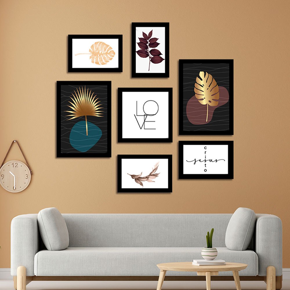 Kit 7 Placas Quadros Decorativos para sua Casa Folhas Douradas Love Jesus 60x70