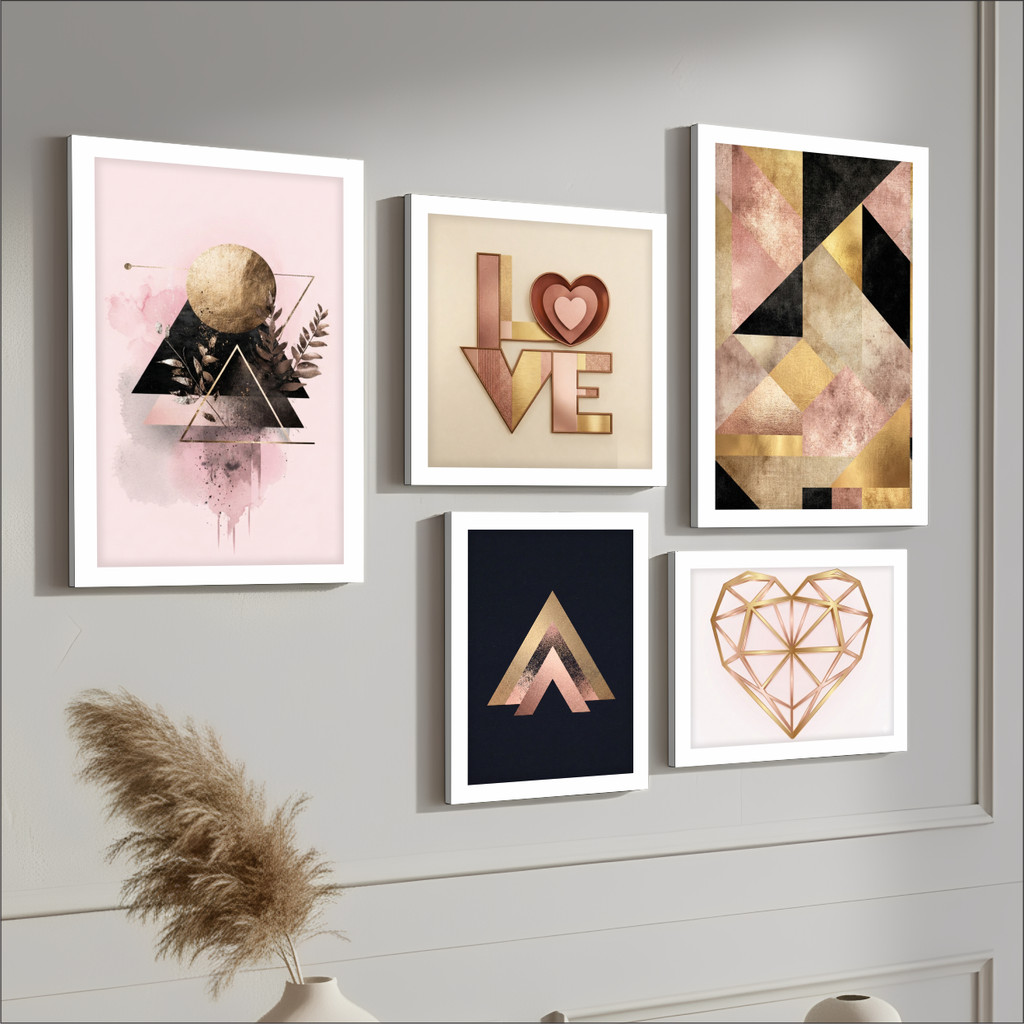 Kit 5 quadros decoração casa sala love coração rosa rose gold dourado quarto parede studio amor