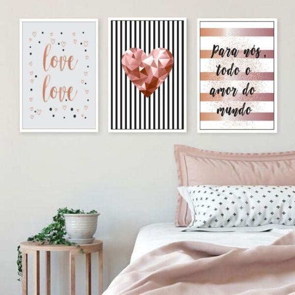 Conjunto kit 3 quadros decorativos quarto sala rose gold frase heart love 20X30 MDF