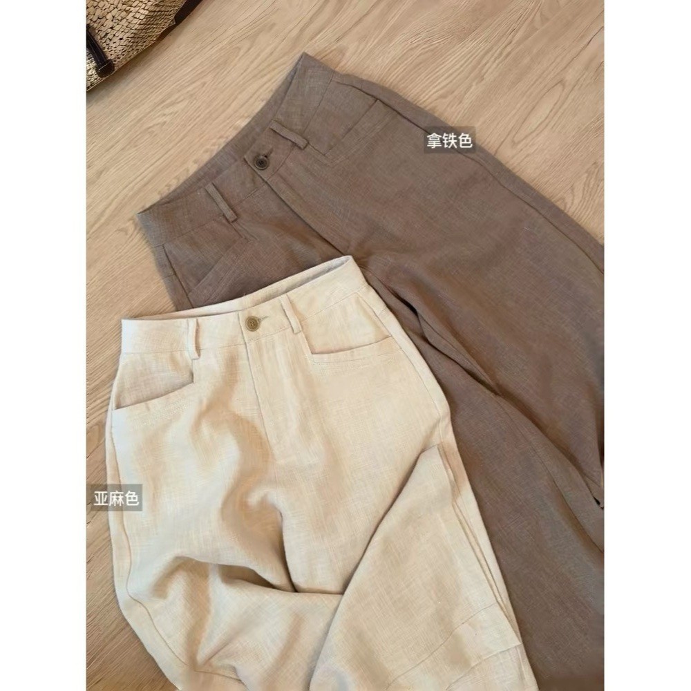Old Money Style Natural Linen Color Textured Cotton-Linen Women's Suit Pants, Summer Thin High-Waisted Slimming Versatil