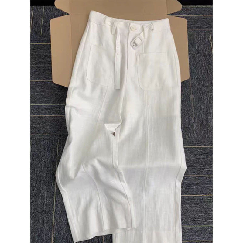 Relaxed, old money style, minimalist and elegant white linen high-end casual wide-leg trousers