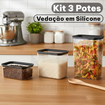 Conjunto 3 Potes Herméticos Empilháveis de Plástico Transparente com Tampa Vedação em Silicone