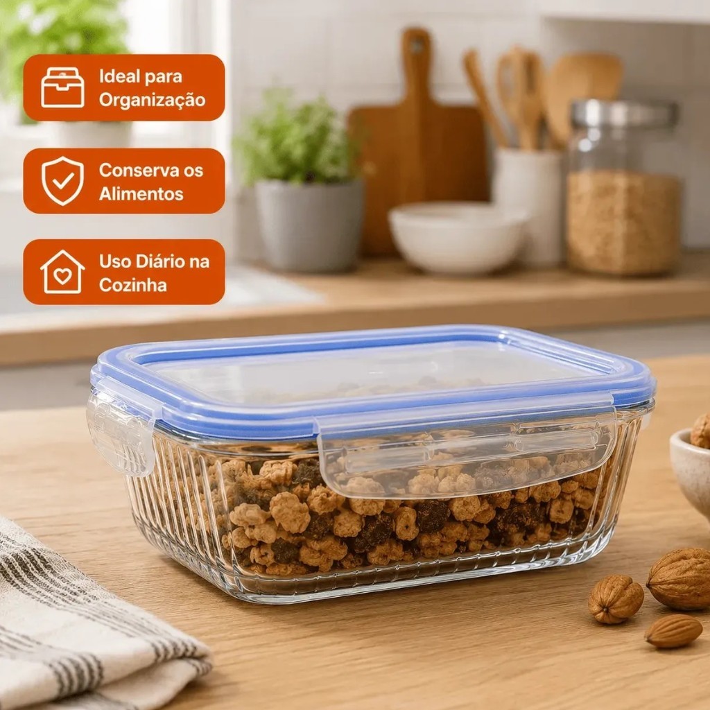 Pote de vidro para marmita Hermético 1040ml com Tampa Trava e Vedação de Silicone Freezer e Geladeira Antivazamento