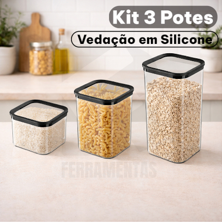 Conjunto 3 Potes Herméticos Tampa com Vedação em Silicone Plástico PP sem BPA Resistente a Micro-ondas