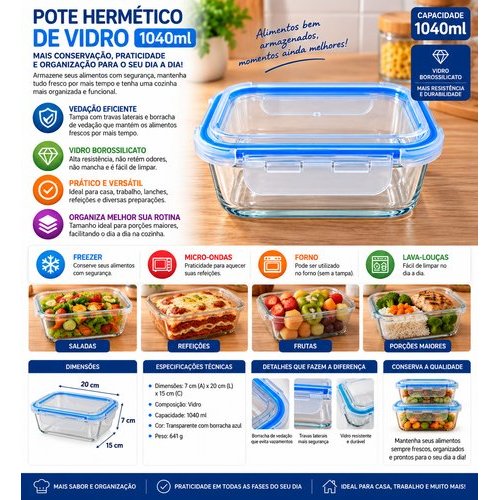 Pote Hermetico Retangular Vidro 1040ml Tampa Silicone Vedacao Segura Conservacao Alimentos
