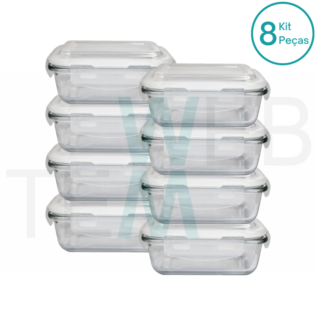 Kit 8 Potes Herméticos Vidro Retangular 370ml Marmita Tampa Trava Silicone Organização Praticasa