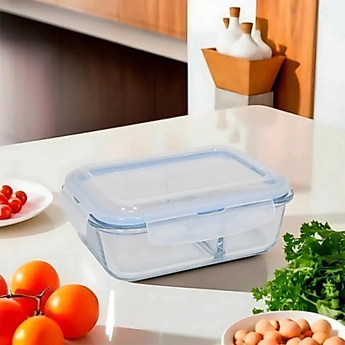 Pote retangular hermético vidro borossilicato divisória 1520ml GLOBALMIX tampa silicone azul