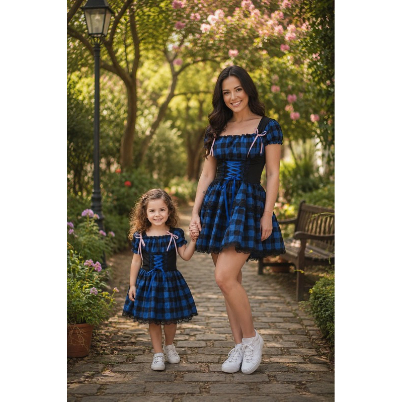 Conjunto Vestido caipira mãe e filha azul xadrez festa junina