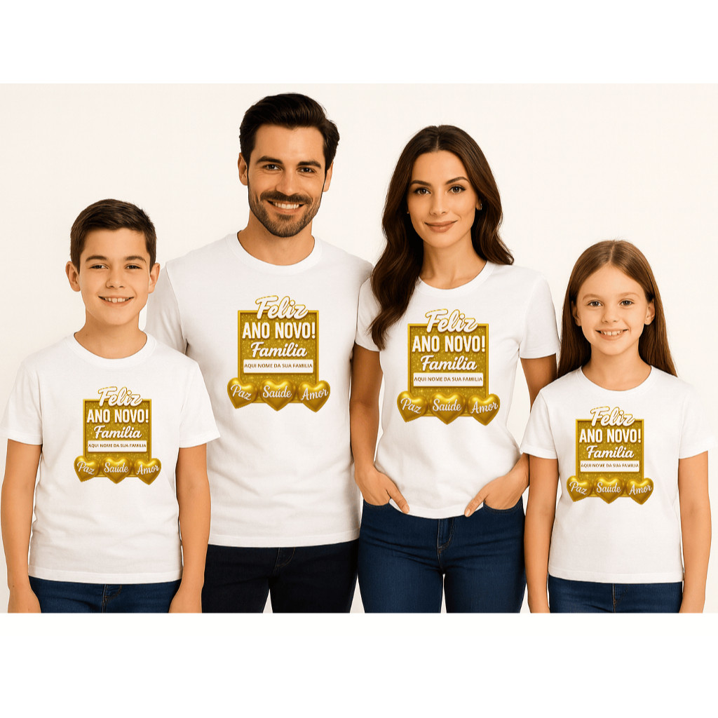 Camiseta Ano novo Da Família Personalizado Sobrenome 100% Algodão  Festas Fim de Ano Fofa Camisa Malha Premium