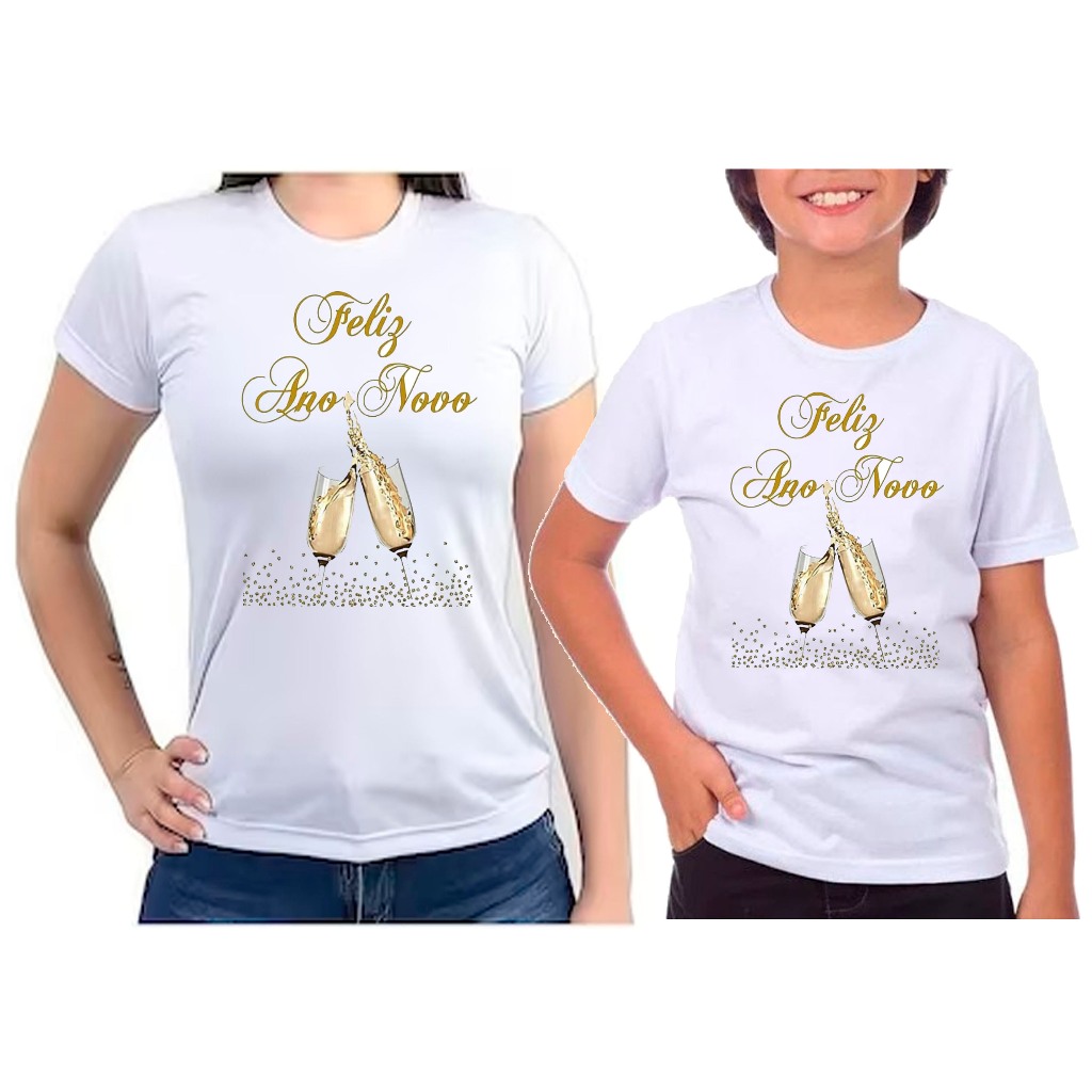 kit 2 camisetas mãe e filha(o) feliz ano novo réveillon festa