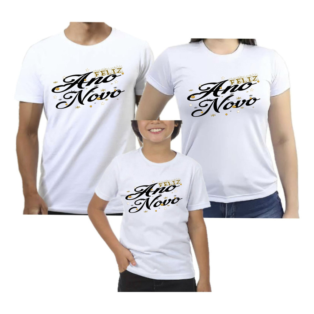 Kit 3 Camisetas família Feliz Ano Novo Festa Réveillon Barato